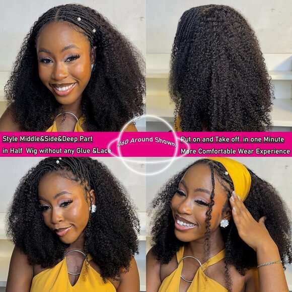 Kinky Curly Human Hair Half Wig 16 Inch 3 In 1 Headband Glueless Curly Wig - Picture 6 of 7